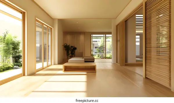 Minimalist Japanese Style Living Room Interior Design with Wooden Floor and Sliding Doors