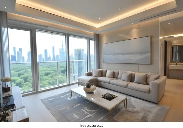 Modern living room interior design with large windows and city view