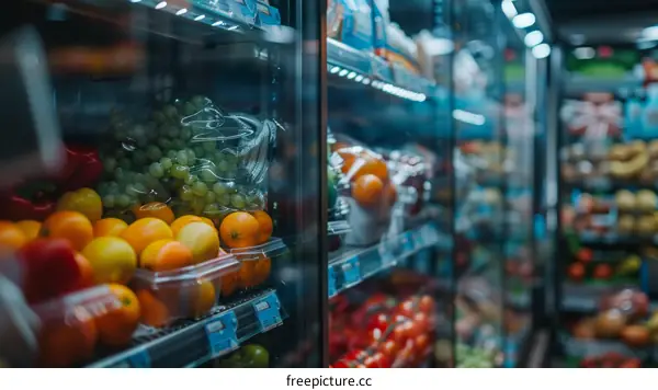 Fresh fruits and vegetables in the supermarket refrigerator