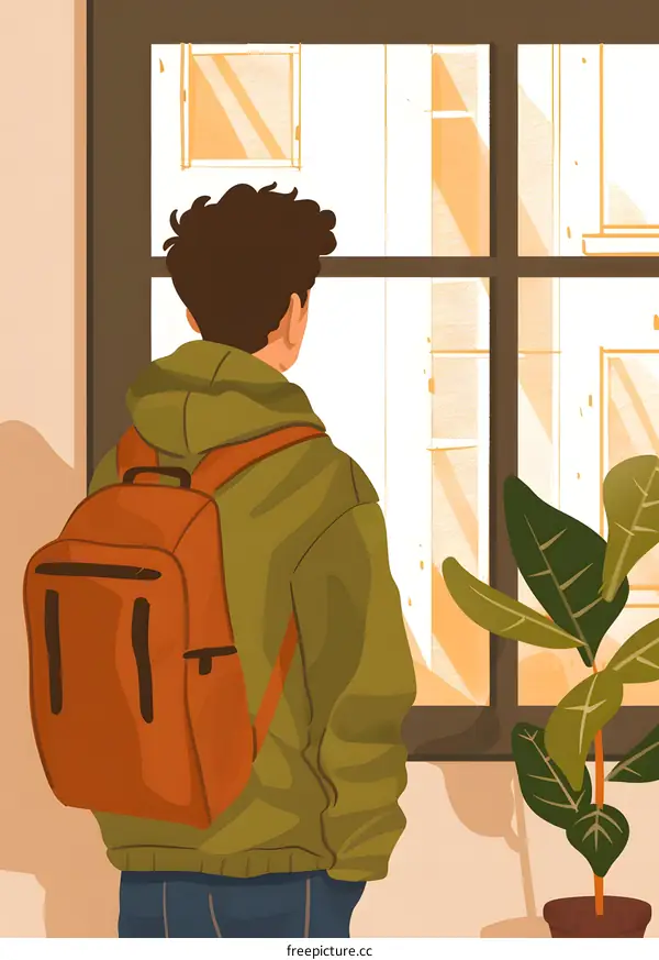 Man with Backpack Looking Out Window