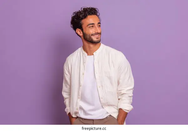 Smiling Man in a Light Beige Shirt Against a Purple Background
