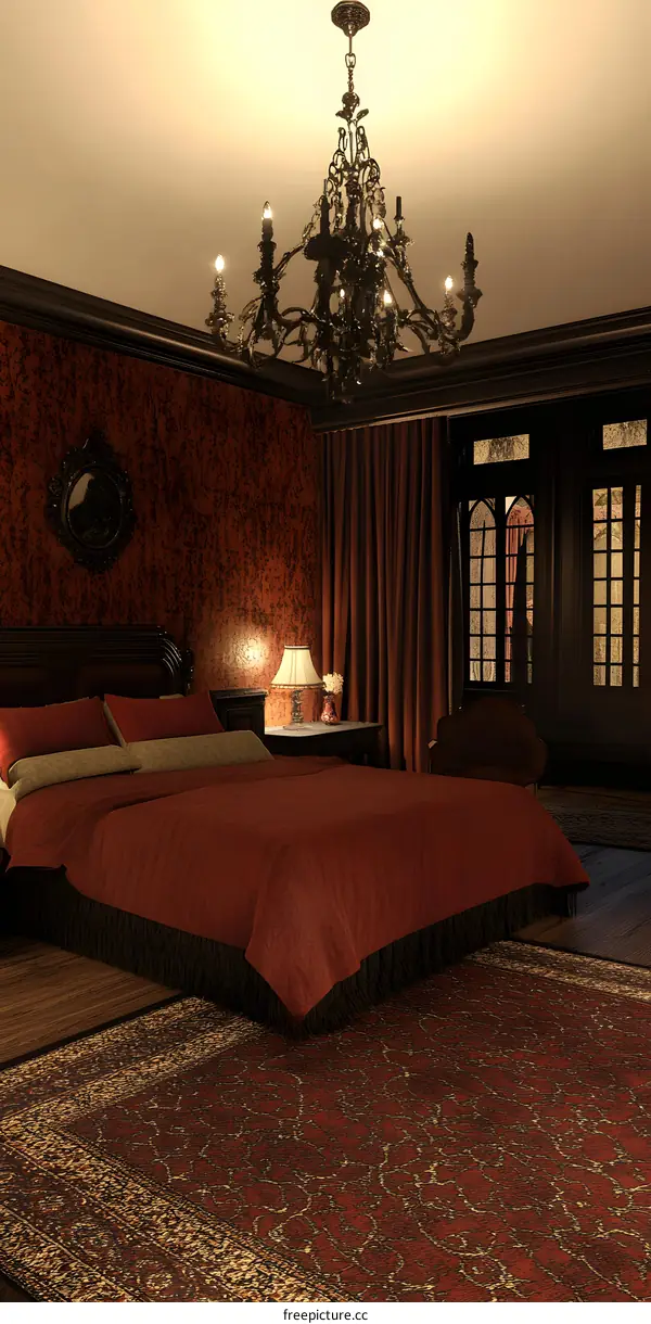 Luxury Bedroom Interior Design with Chandelier and Red Curtains