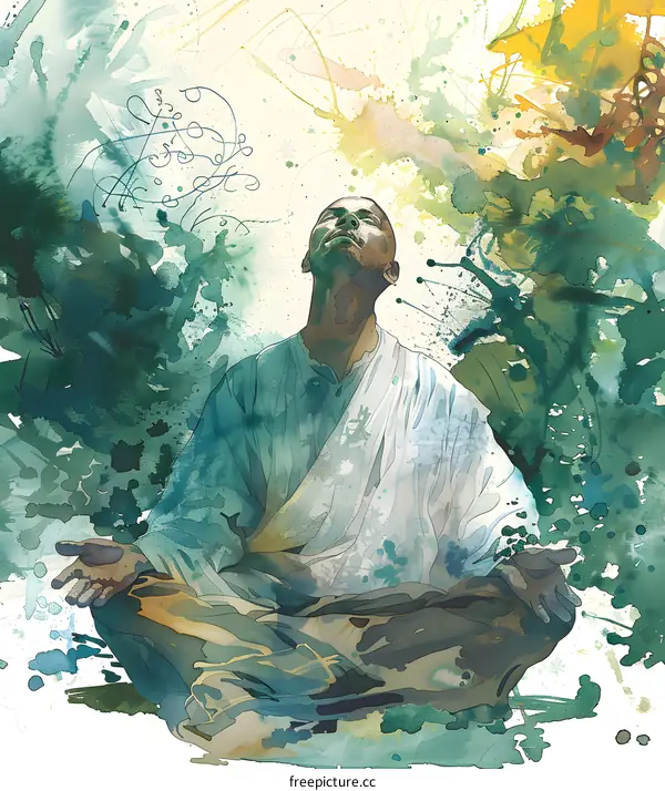 Watercolor Illustration of a Man Meditating in Nature