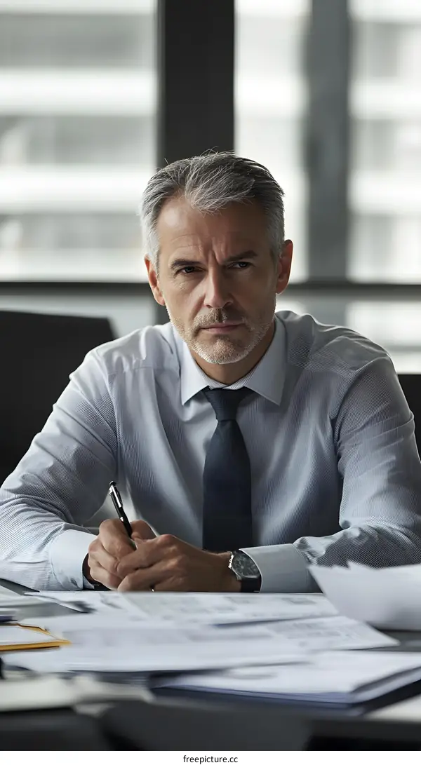 Confident Businessman Sitting at Desk Looking at Camera