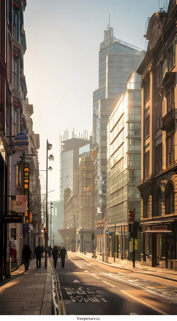 City Street View with Modern Buildings and People Walking