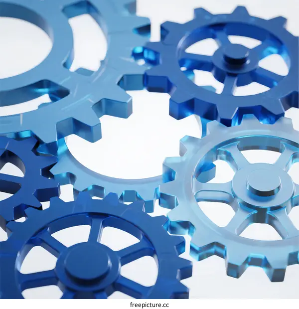 Close-up view of blue cogs and gears with mechanical interaction
