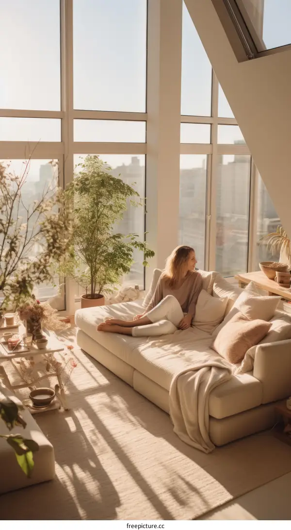 Elegant woman relaxing on comfortable sofa in bright spacious living room with huge windows and enjoying city view