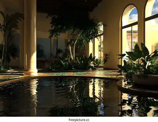Indoor Pool With Palm Trees And Reflection