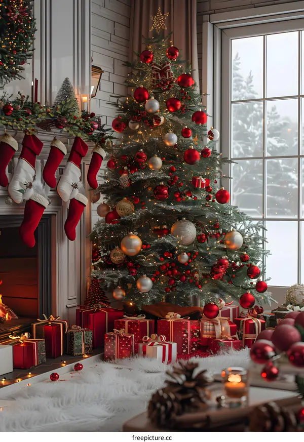 A beautifully decorated Christmas tree next to a fireplace