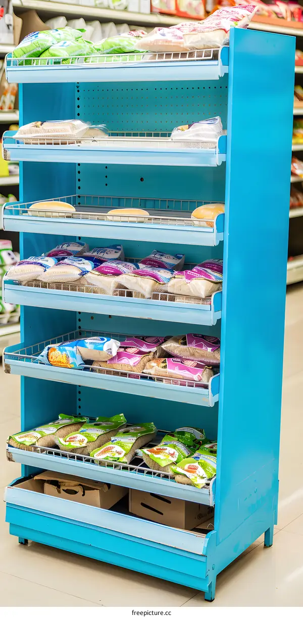 Blue Metal Shelving Unit With Food Products In Grocery Store