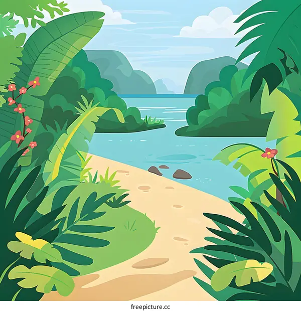 Tropical Jungle Landscape with River and Path