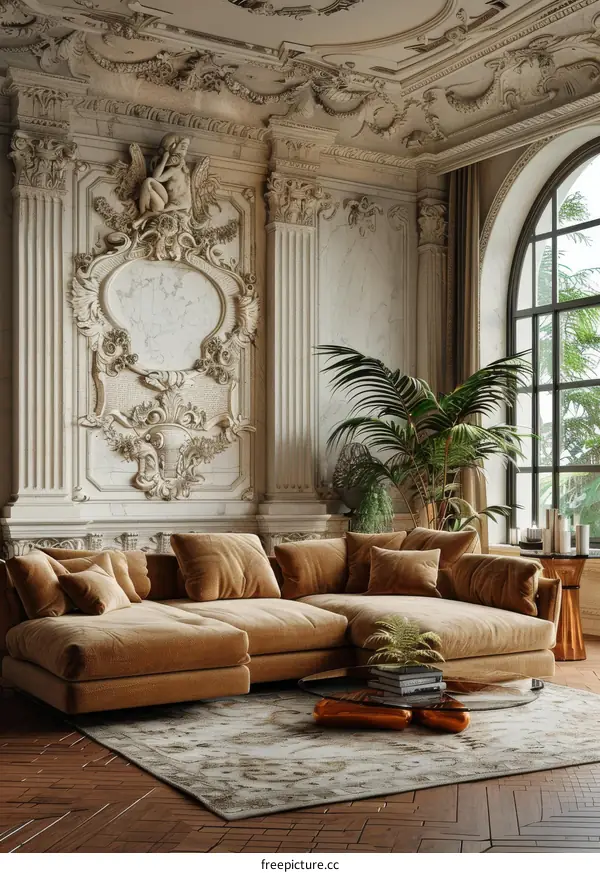 Opulent Living Room with Plush Sofa and Verdant Plants