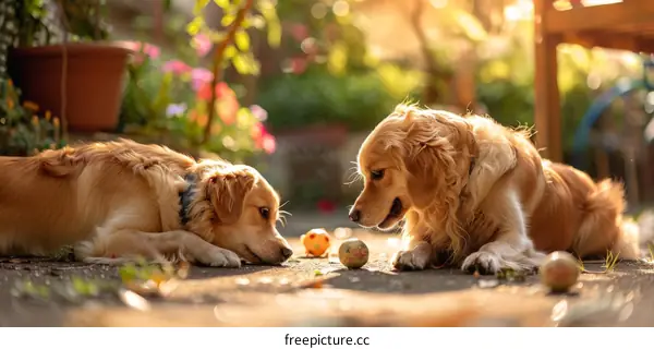 Two Golden Retrievers Playing with a Ball in the Backyard