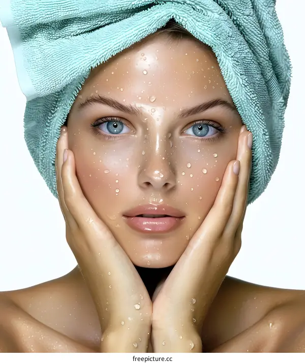 Young woman with wet face and blue eyes wrapped in a green towel