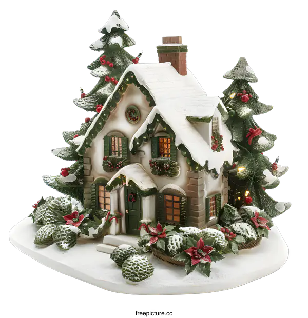 [Transparent Background PNG]Miniature Christmas House with Snow Covered Roof and Trees
