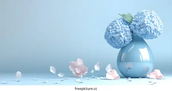 Blue Hydrangea Bouquet in a Blue Vase with Scattered Petals