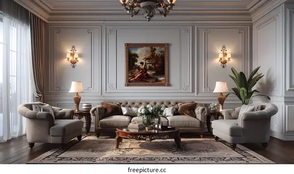 European style living room interior with sofa, armchairs and coffee table