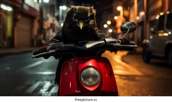 Owl on a motorcycle at night in the city