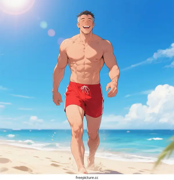 Muscular man running on sunny beach with clear blue sky
