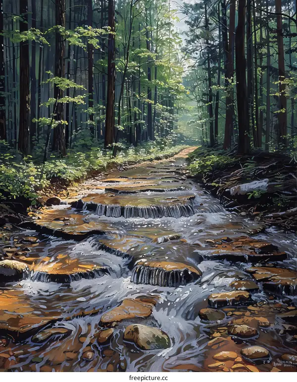 Tranquil babbling brook flowing through a lush green forest