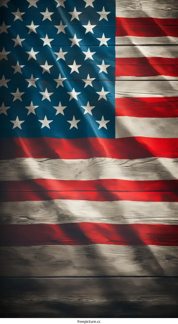 American flag waving in the wind against a wooden background
