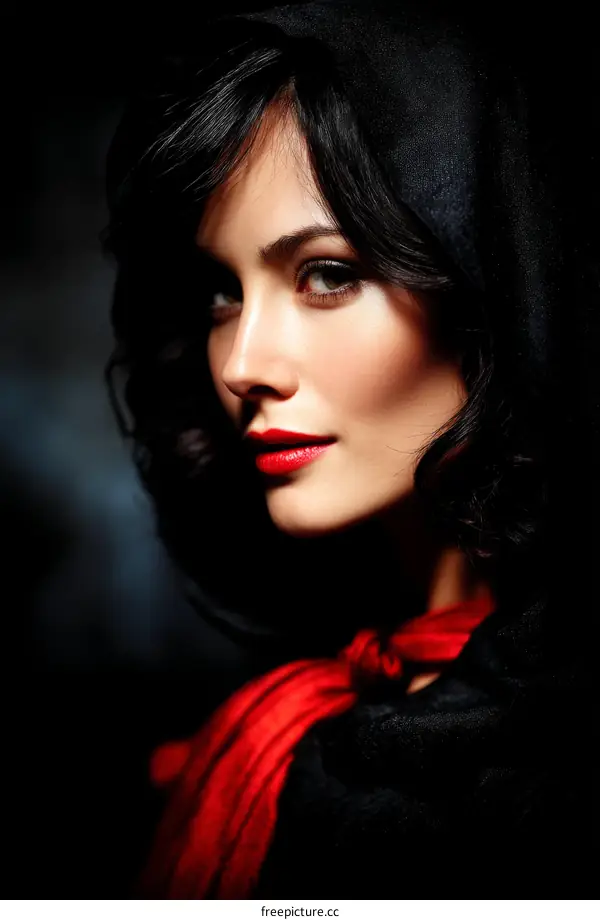Mysterious Woman in Black with Red Scarf