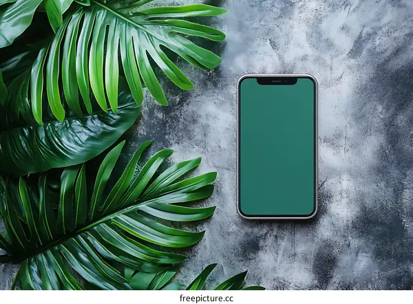 Green Leaves and Phone Mockup on Grey Background