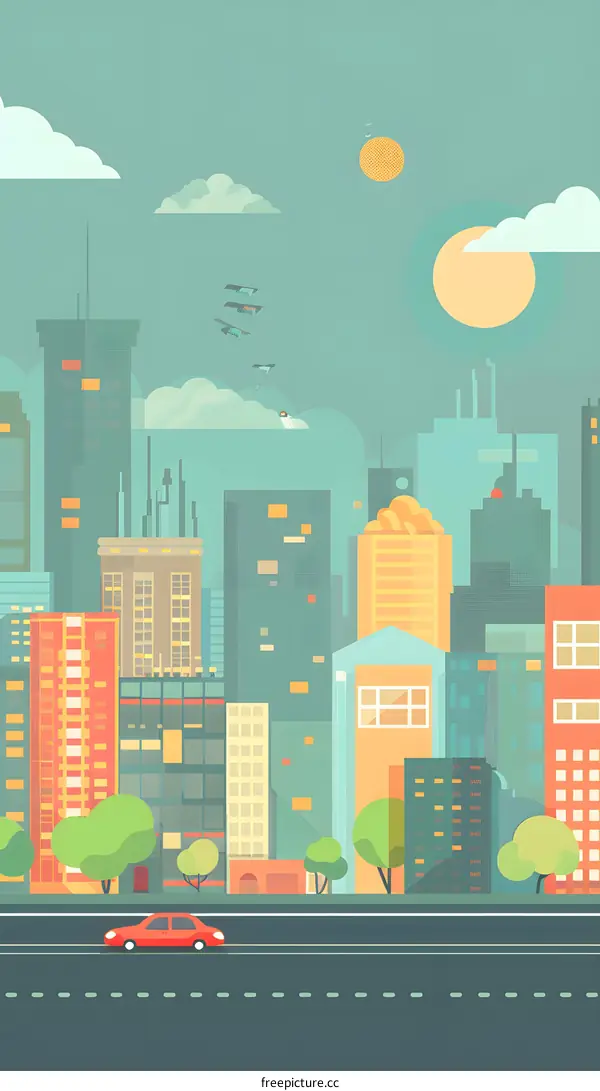 Flat Style Cityscape Illustration With Red Car On Road