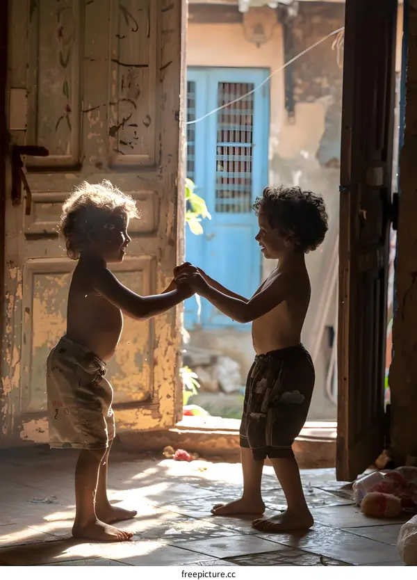 Two Young Boys Playing Together in a Doorway