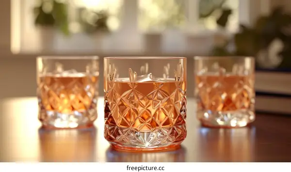 Three glasses of amber liquid on a wooden table