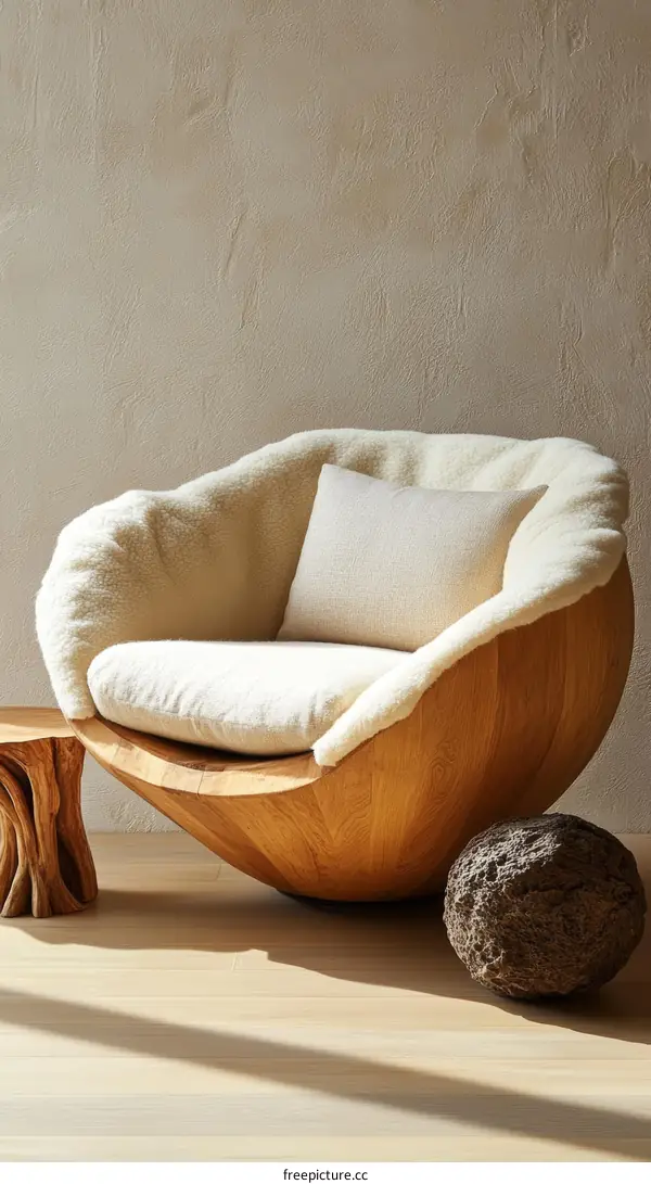 Wooden Rocking Chair with Sheepskin Upholstery