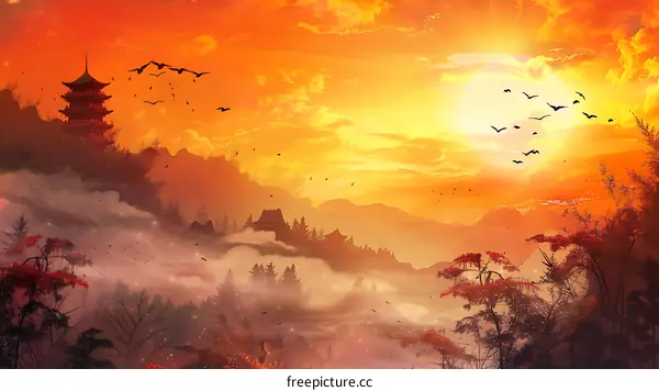 Sunset Over Pagoda Landscape Illustration