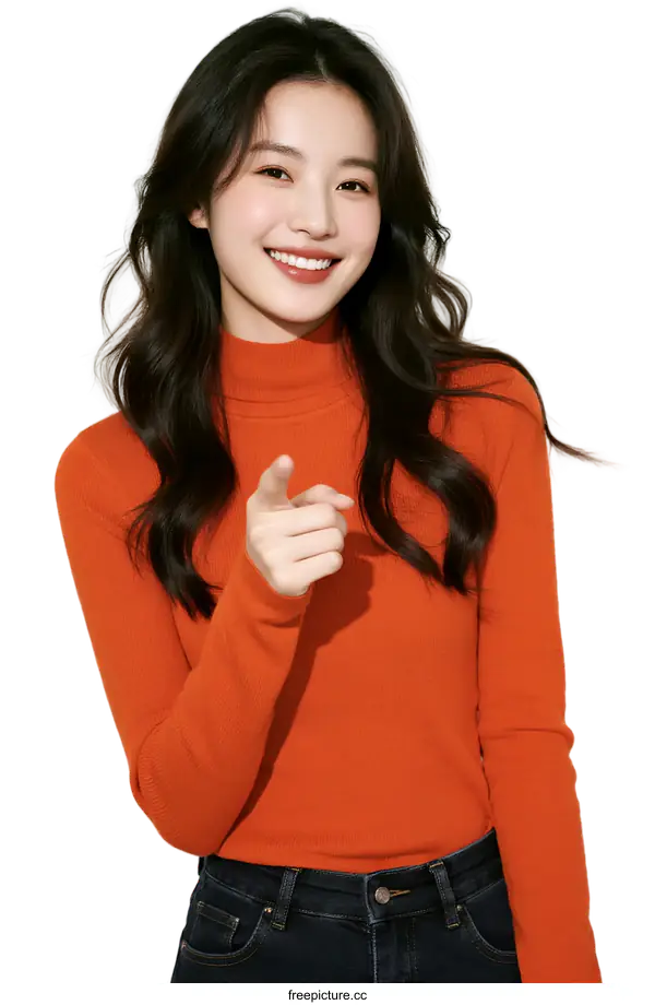 [Transparent Background PNG]A woman in an orange turtleneck sweater pointing with a smile