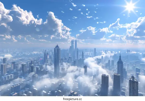 Aerial View of a City Skyline with Skyscrapers and Clouds