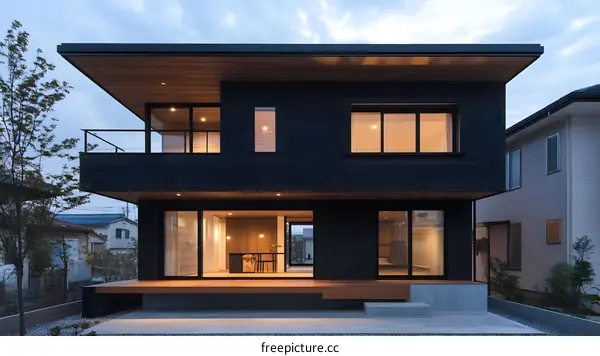 Modern Black House with Wooden Accents and Large Windows