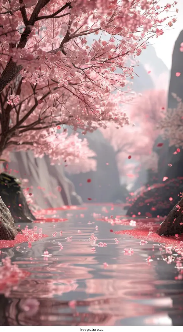 Dreamlike Cherry Blossom Valley with Misty River