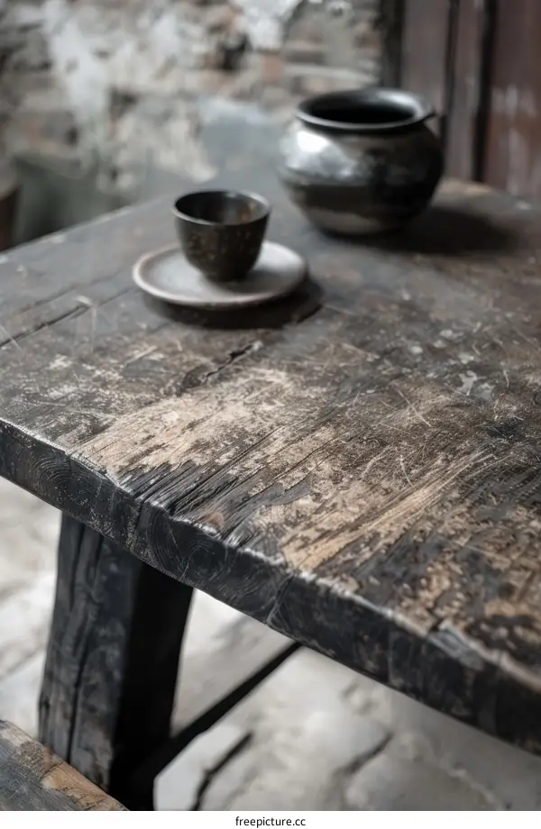 Rustic Wooden Table with Cup and Saucer