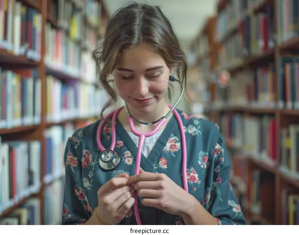 Caucasian female medical student wearing a pink stethoscope