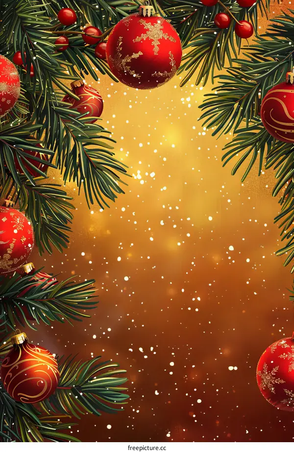 Christmas ornaments hanging on a fir tree branch with a golden background