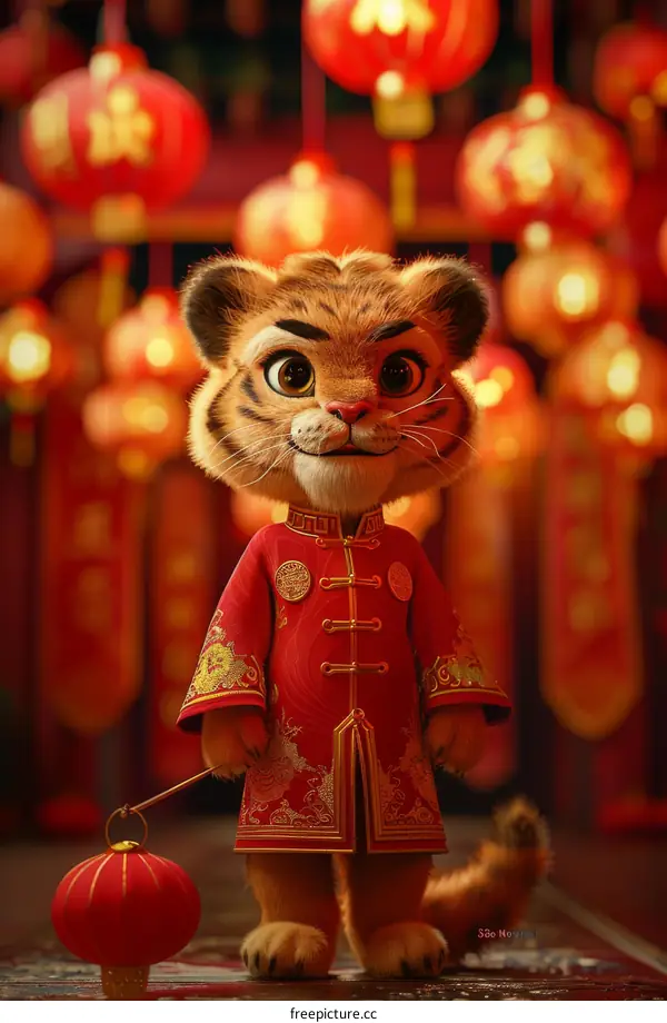 Cute Tiger in Chinese Traditional Outfit with Decorations