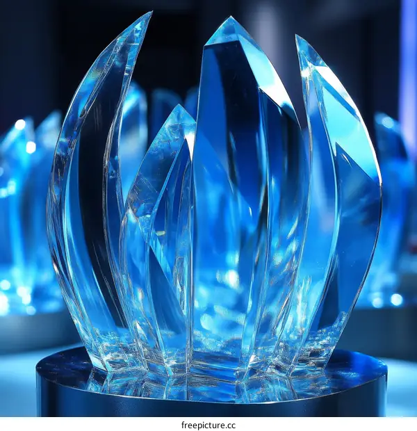 Abstract Blue Crystal Trophy Sculpture