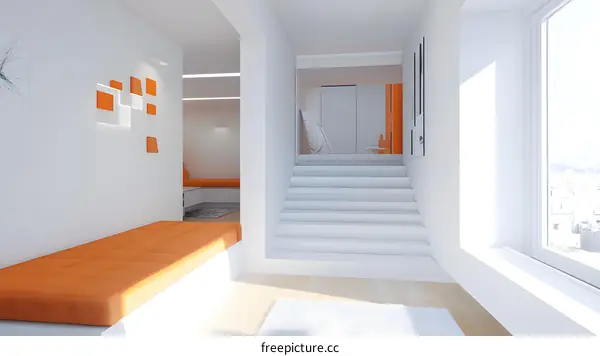 Modern Minimalist Interior Design with White Walls and Orange Accents
