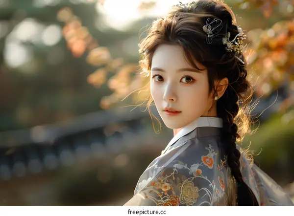 Portrait of a beautiful Asian woman in traditional Korean dress, Hanbok