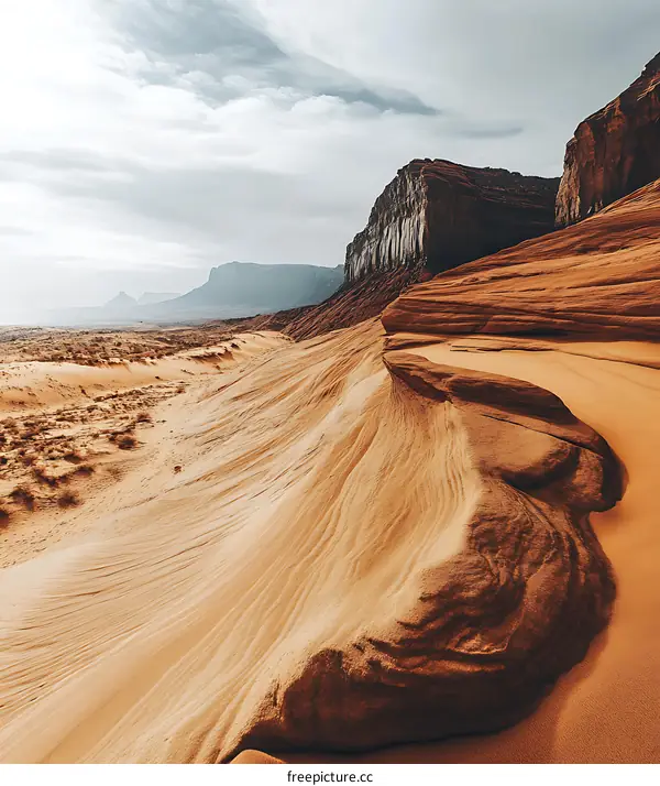 Sand Dunes and Mountain in Desert Landscape