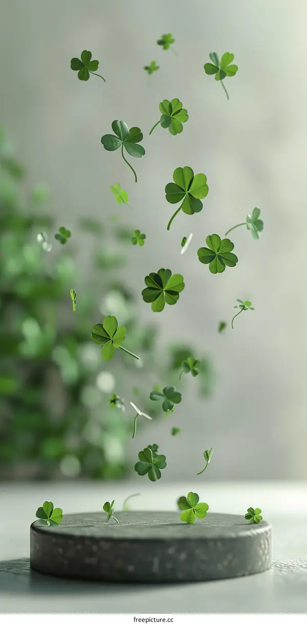 Green Four-Leaf Clovers Hovering in the Air