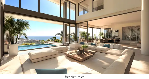Modern Living Room Design with Ocean View and Swimming Pool