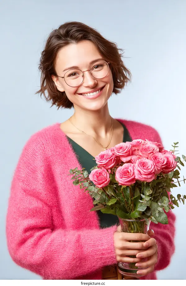 Smiling Woman Holding Pink Roses
