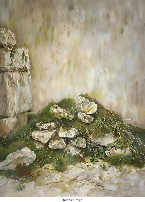 Stone Wall With Green Moss And Plants