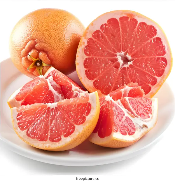 Fresh Ripe Grapefruits Sliced on White Plate