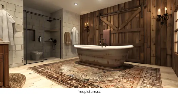 Rustic Bathroom Interior Design with Freestanding Tub and Wooden Wall